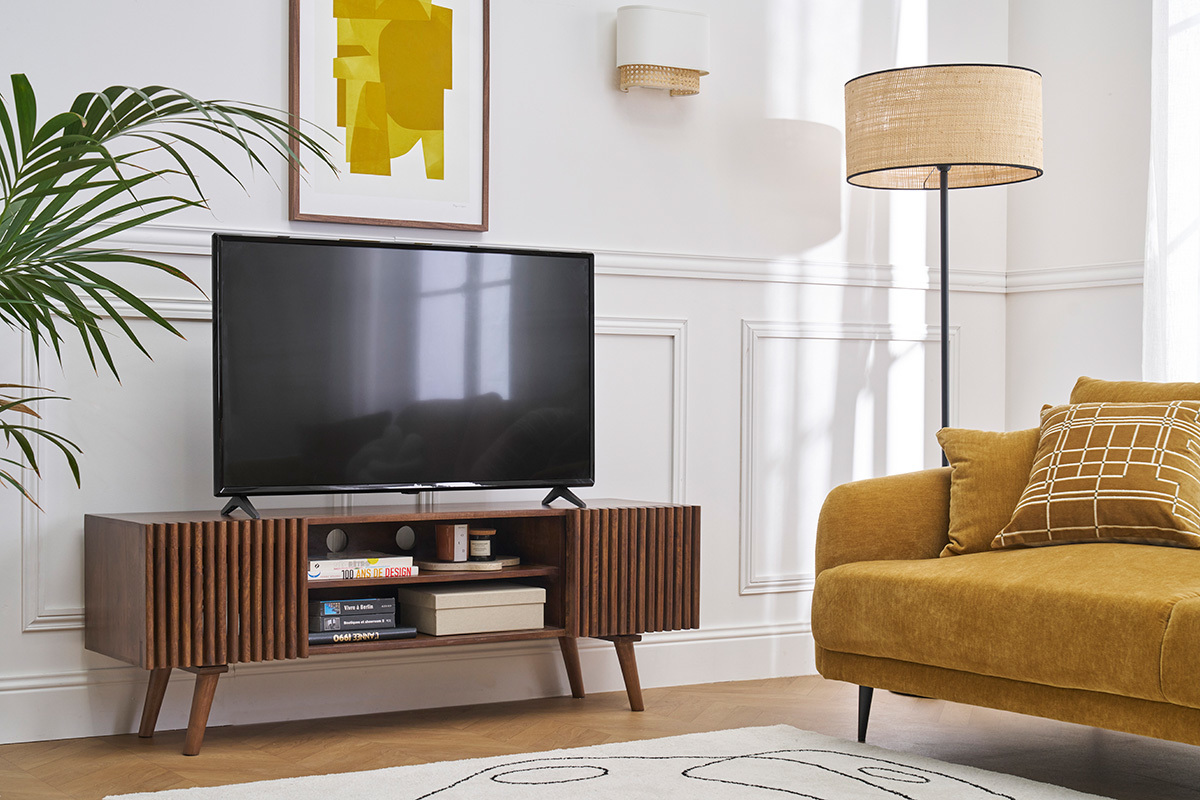 Meuble TV en manguier massif teint bois fonc avec portes coulissantes L140 cm ALBA