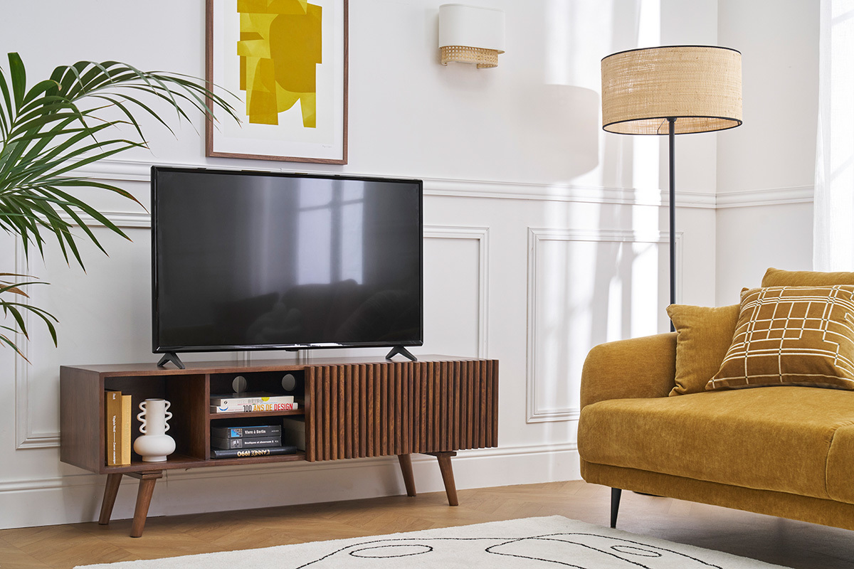 Meuble TV en manguier massif teint bois fonc avec portes coulissantes L140 cm ALBA