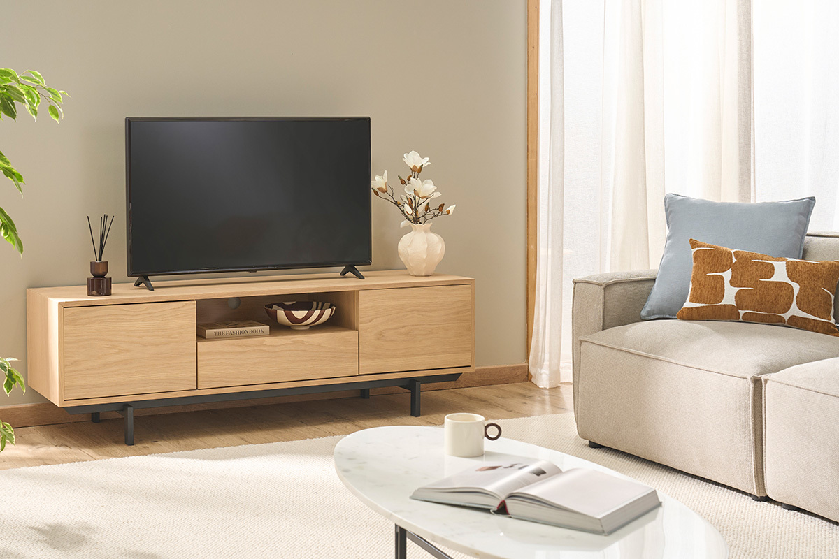 Meuble TV finition bois ch�ne avec niche ouverte L160 cm MANNY