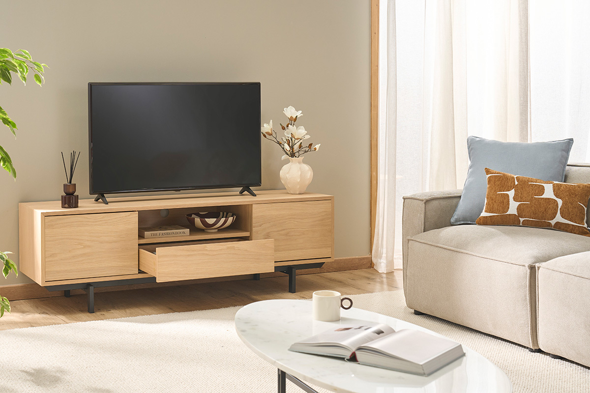 Meuble TV finition bois ch�ne avec niche ouverte L160 cm MANNY