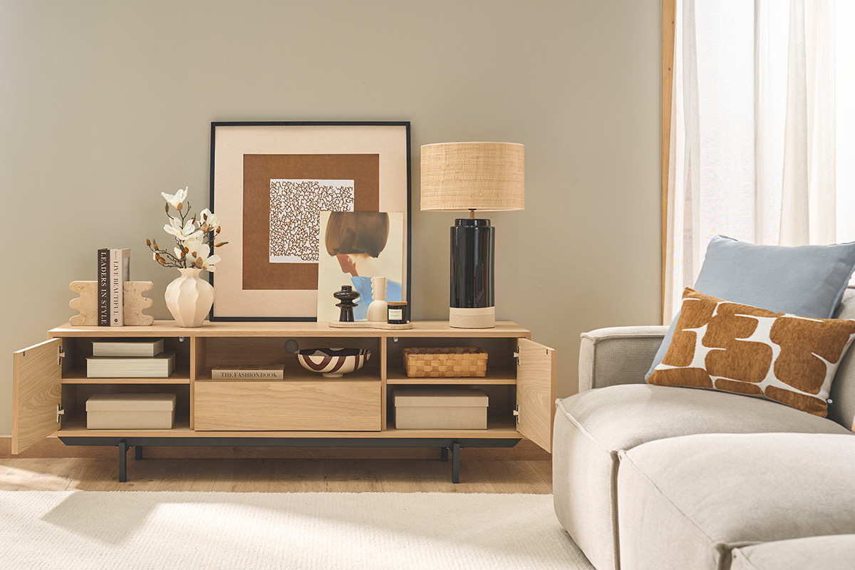 Meuble TV finition bois ch�ne avec niche ouverte L160 cm MANNY