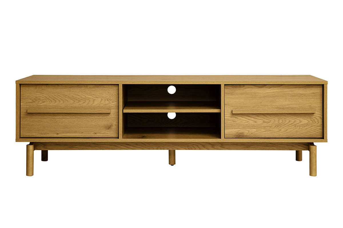 Meuble TV en bois ch�ne L160 cm avec deux caissons ferm�s et niches ouvertes, vue de face
