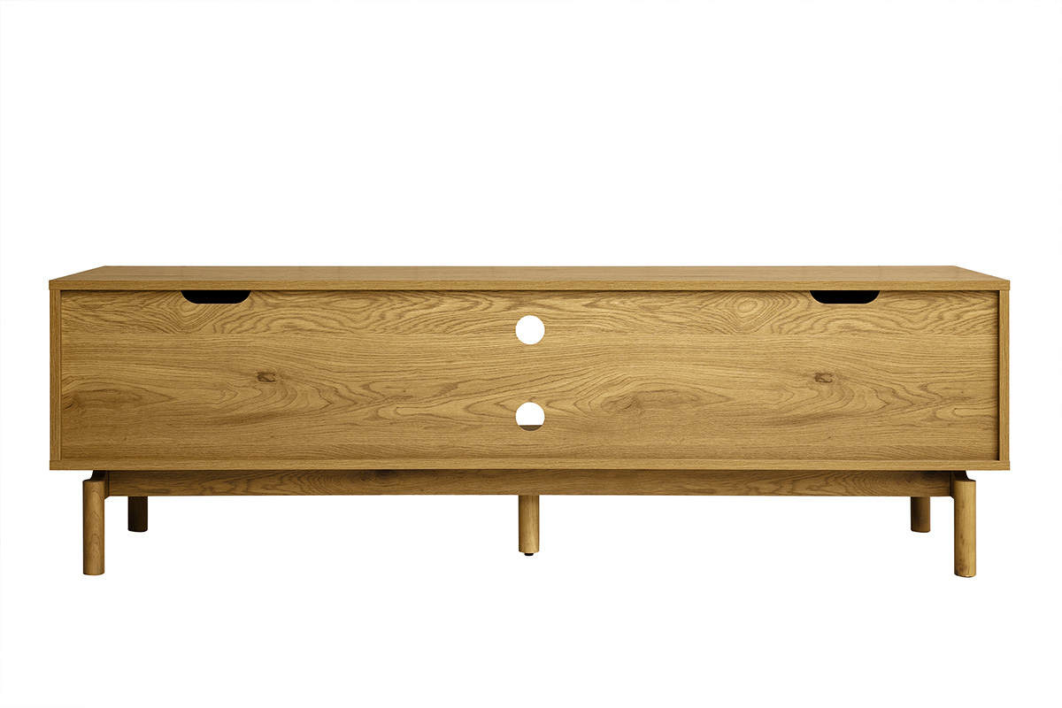 Meuble TV en bois ch�ne, vue de dos, avec deux caissons et deux niches ouvertes.