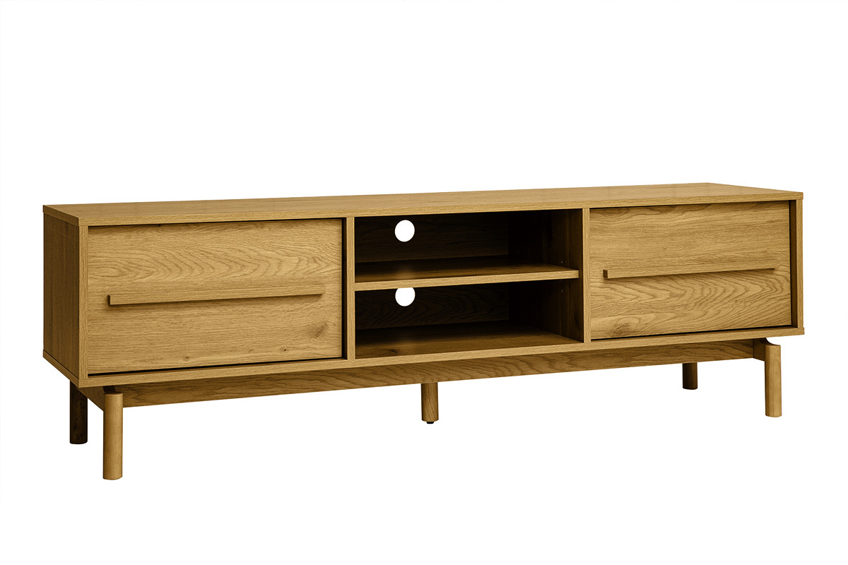 Meuble TV en bois ch�ne L160 cm YSEULT avec deux caissons et niches centrales, vue de 3/4.