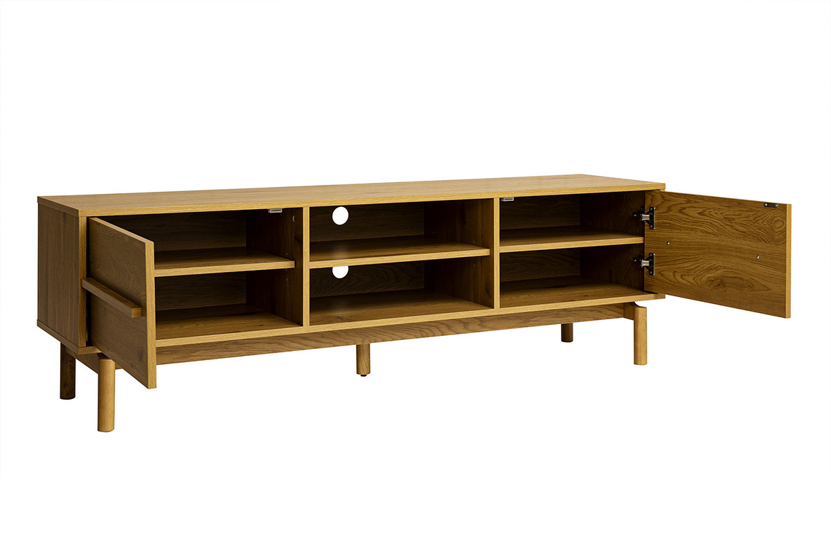 Meuble TV en bois ch�ne L160 cm avec rangements, vue de 3/4, porte ouverte � gauche.