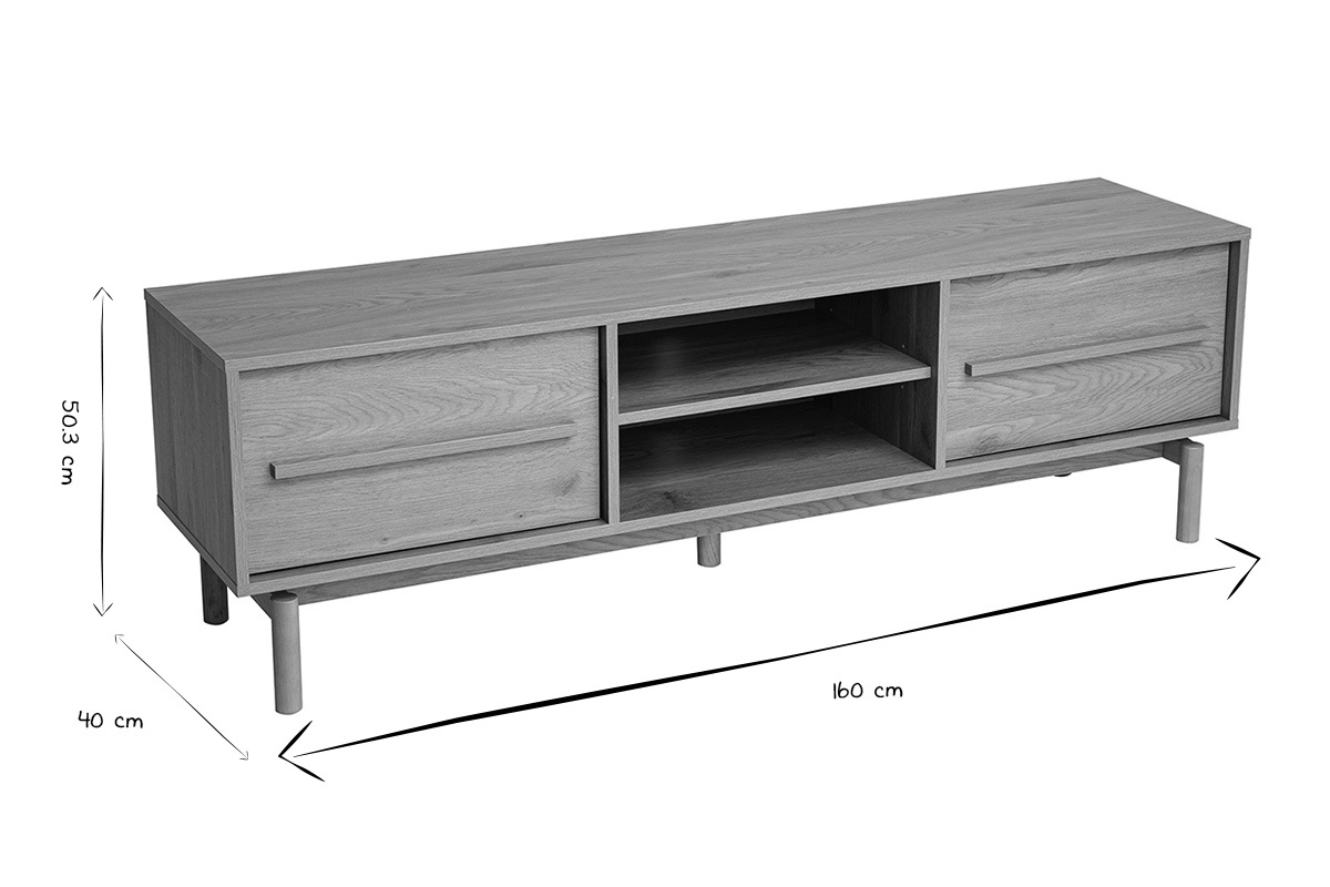 Dimensions du meuble TV YSEULT : L160 cm, H50.3 cm, P40 cm en noir et blanc.