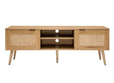 Meuble TV finition bois clair, cannage rotin et métal noir 2 portes L140 cm MANILLE