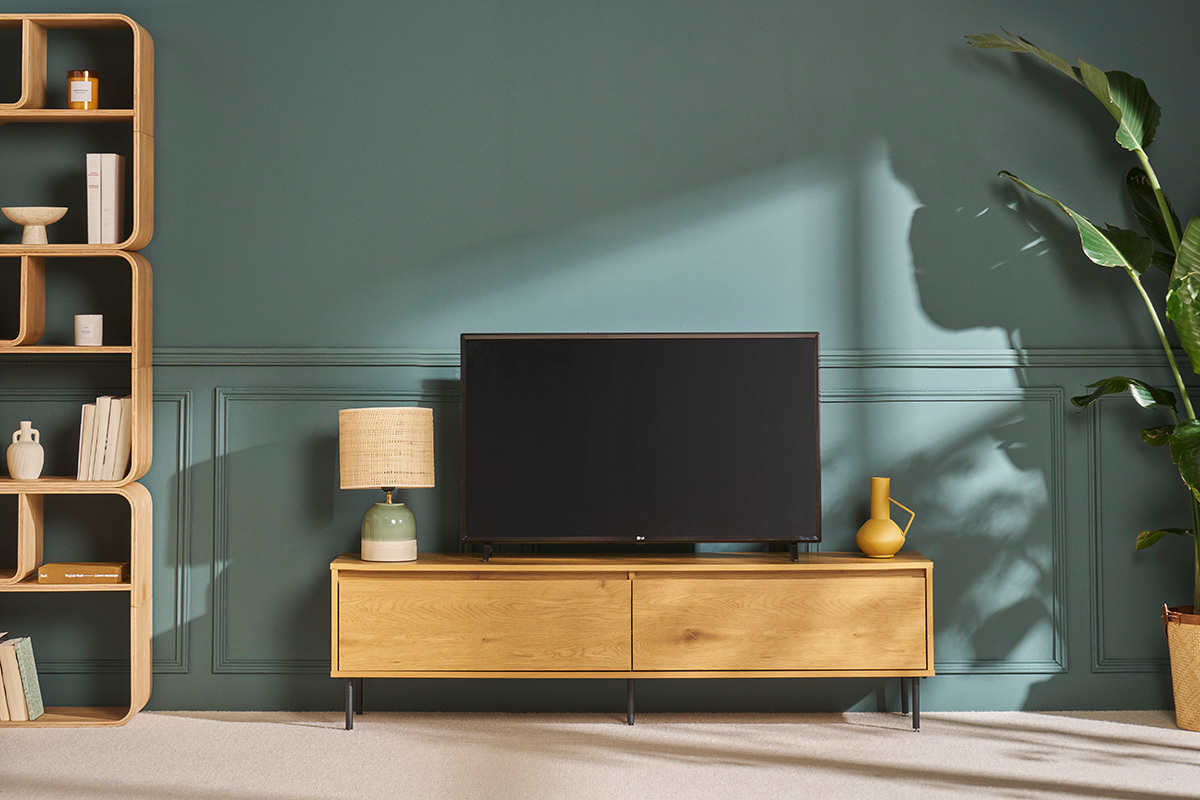 Meuble TV finition bois clair chne 2 tiroirs L160 cm ARAGON