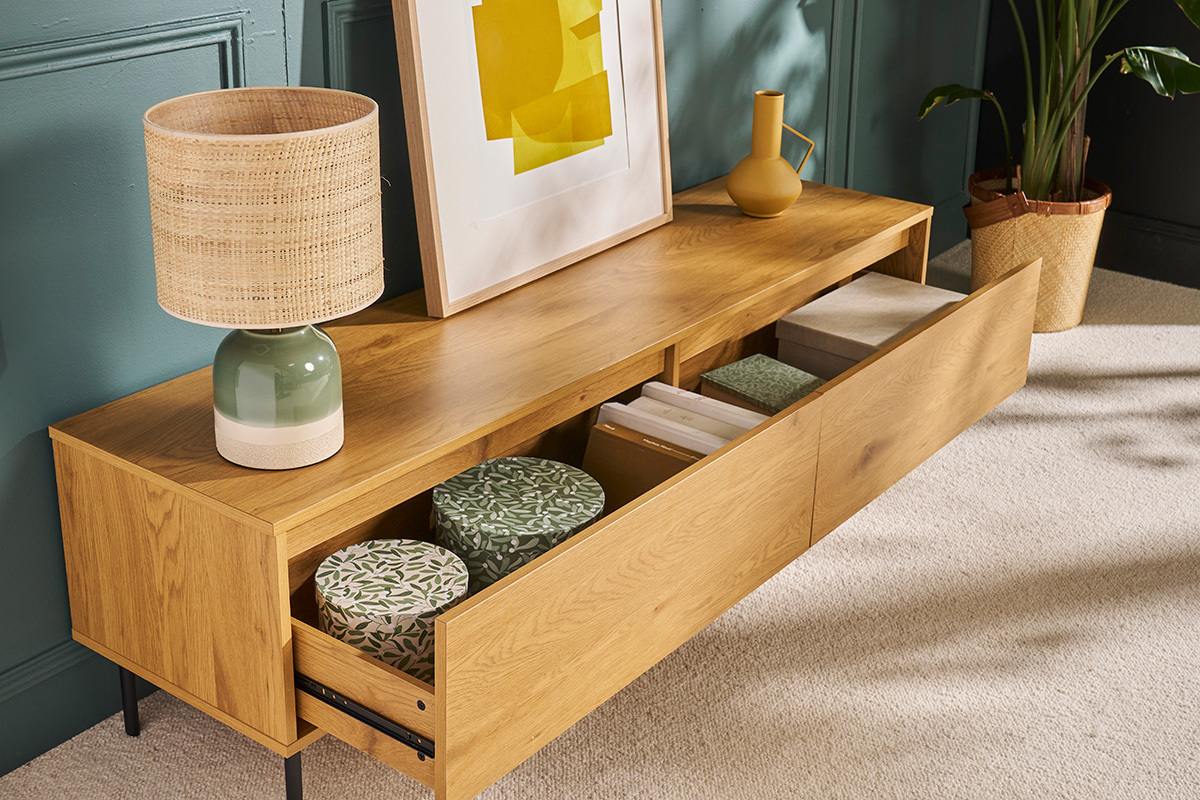 Meuble TV finition bois clair chne 2 tiroirs L160 cm ARAGON