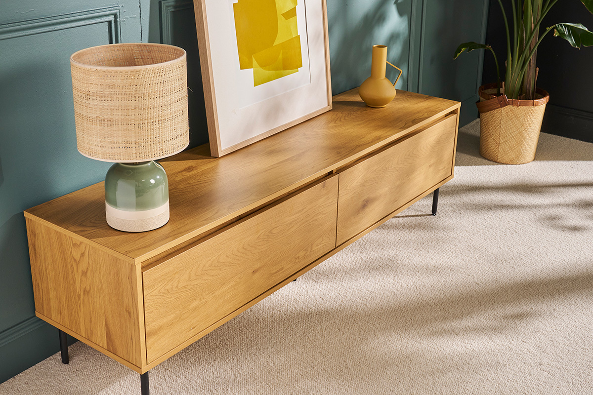 Meuble TV finition bois clair chne 2 tiroirs L160 cm ARAGON