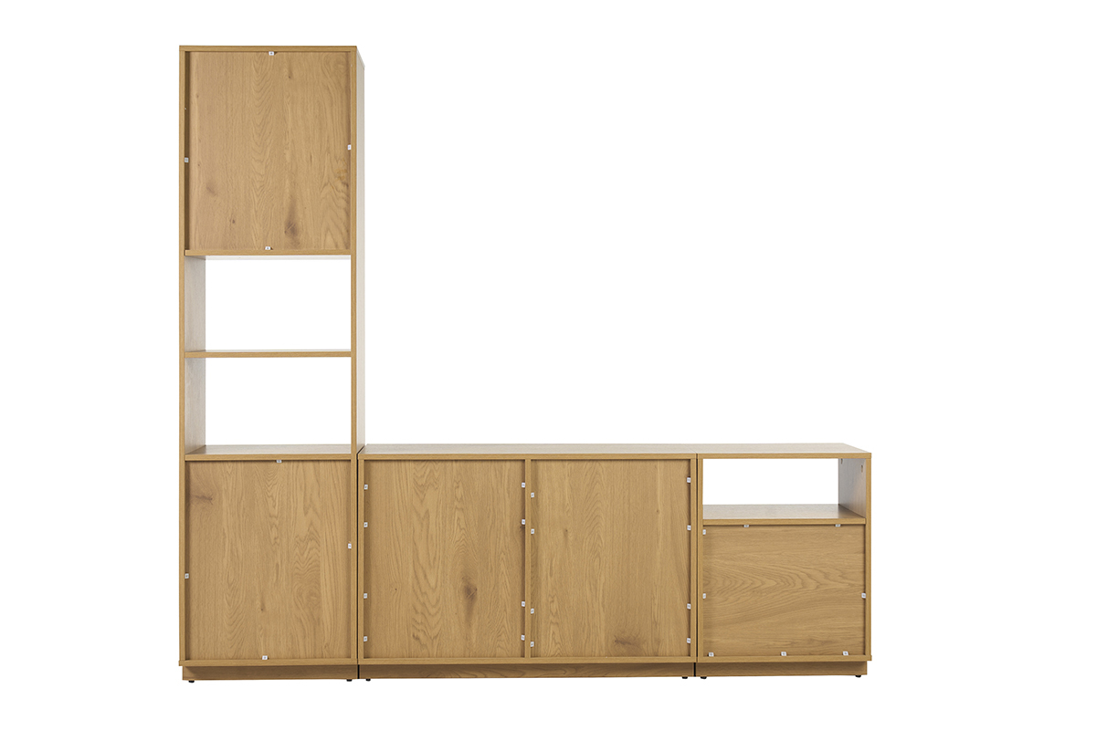 Meuble TV en bois clair ch�ne avec rangements et �tag�res, vue de dos.