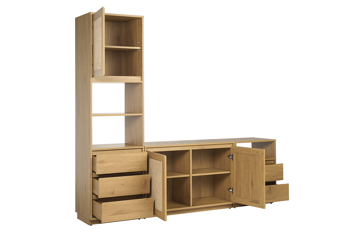 Meuble TV en bois clair avec portes ouvertes et tiroirs tir�s, vue de c�t�.