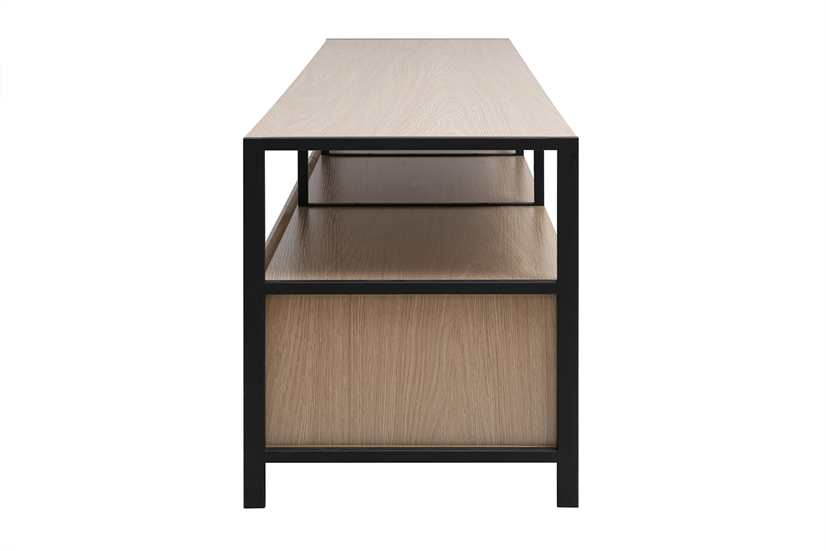 Vue latrale du meuble TV finition bois clair et mtal noir, avec structure ouverte.