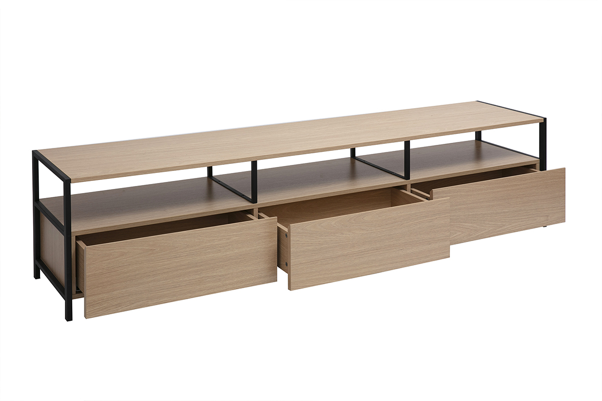 Meuble TV chne clair avec cadre mtal noir, tiroirs ouverts, vue de 3/4.