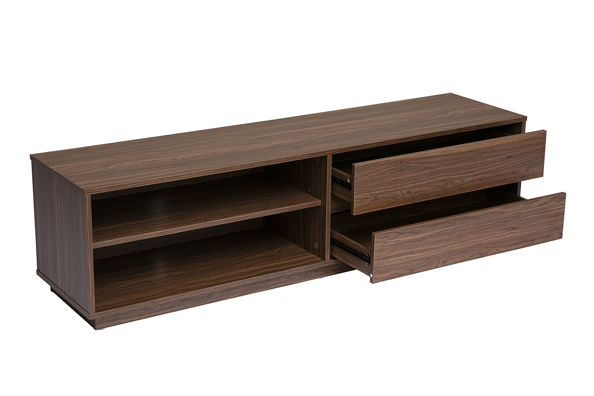 Meuble TV bois fonc� noyer, 2 tiroirs ouverts, 2 niches, vue de 3/4.