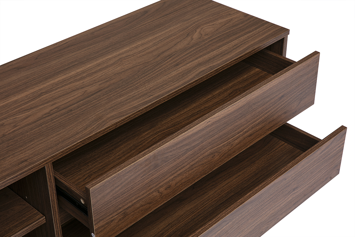 Meuble TV en bois fonc� avec deux tiroirs ouverts, vue en angle.