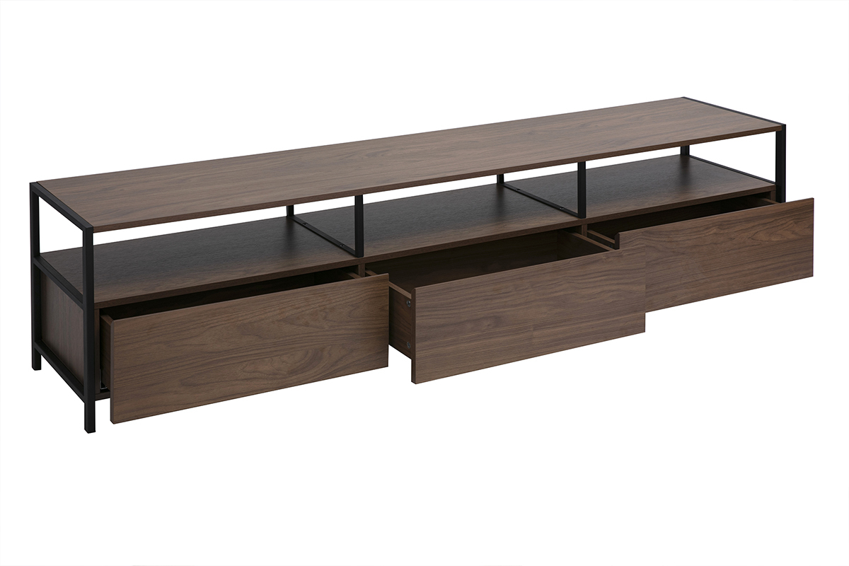 Meuble TV bois fonc et mtal noir avec tiroirs ouverts, vue de 3/4.