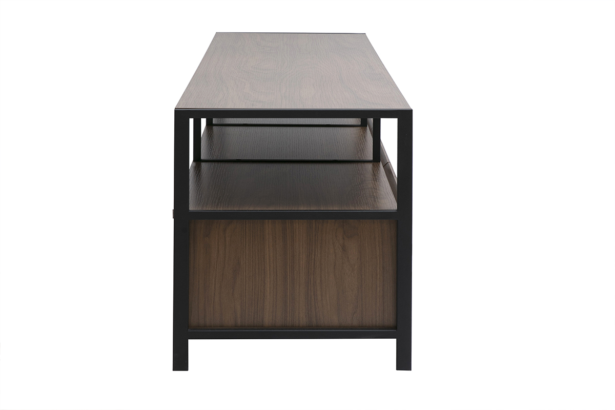 Meuble TV MAXENCE vue de profil, structure bois fonc et mtal noir.