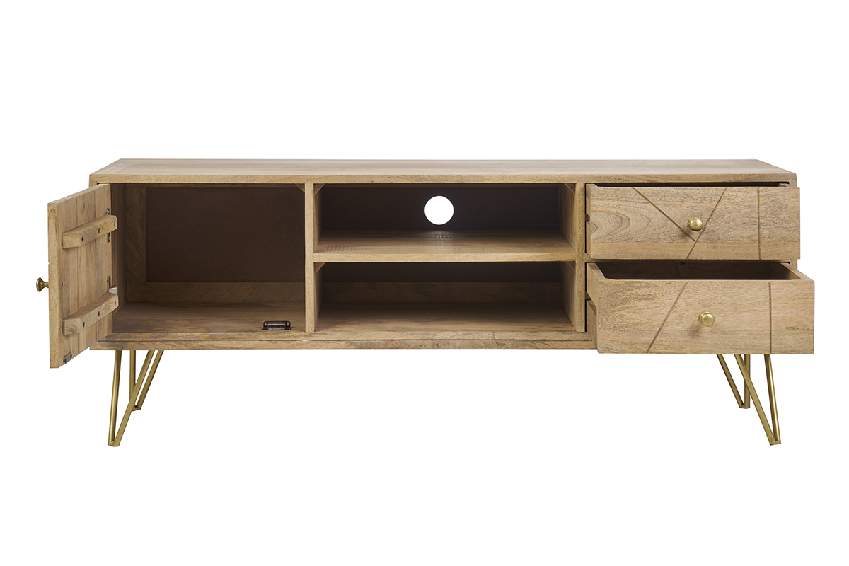 Meuble TV grav en bois manguier massif et mtal L130 LINIUM