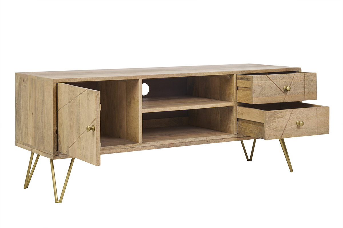 Meuble TV grav en bois manguier massif et mtal L130 LINIUM