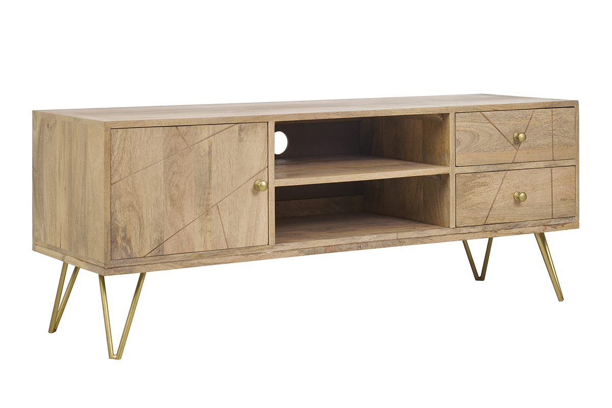 Meuble TV grav en bois manguier massif et mtal L130 LINIUM