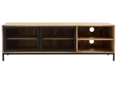 Meuble TV industriel en manguier massif et m&eacute;tal perfor&eacute; RACK