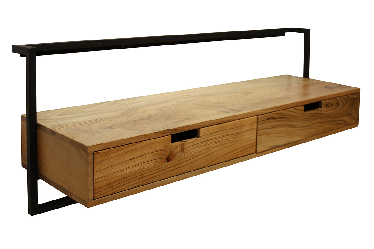 Meuble TV mural bois massif et m�tal noir L120 cm HALIA