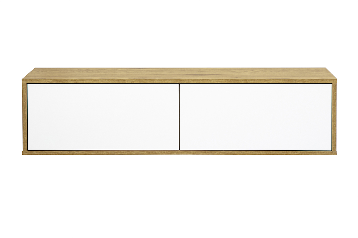 Meuble TV mural blanc et bois clair ch�ne, vue de face, dimensions L120 cm.