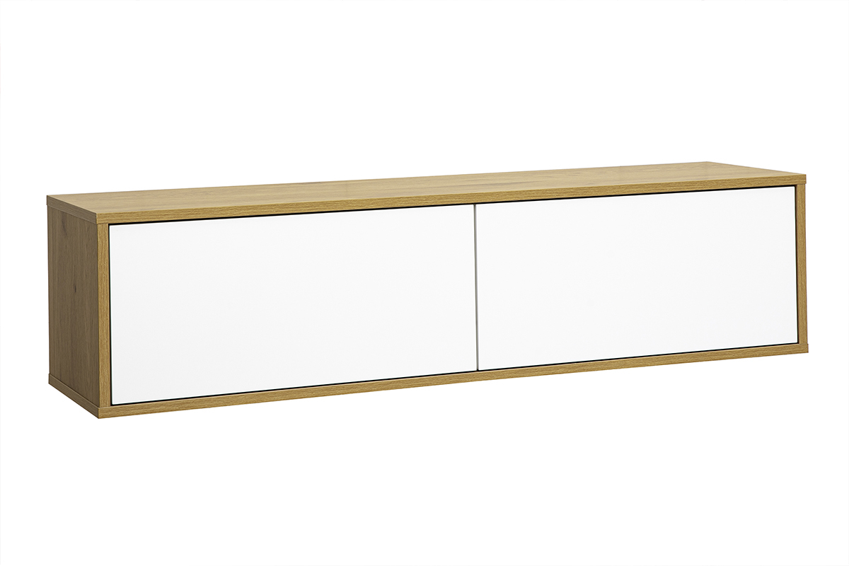 Meuble TV mural blanc et bois clair ch�ne, vue de 3/4, dimensions L120 cm