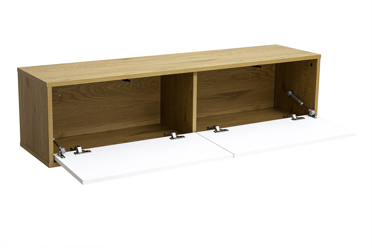 Meuble TV mural finition blanche et bois clair ch�ne, vue de 3/4, avec portes ouvertes.