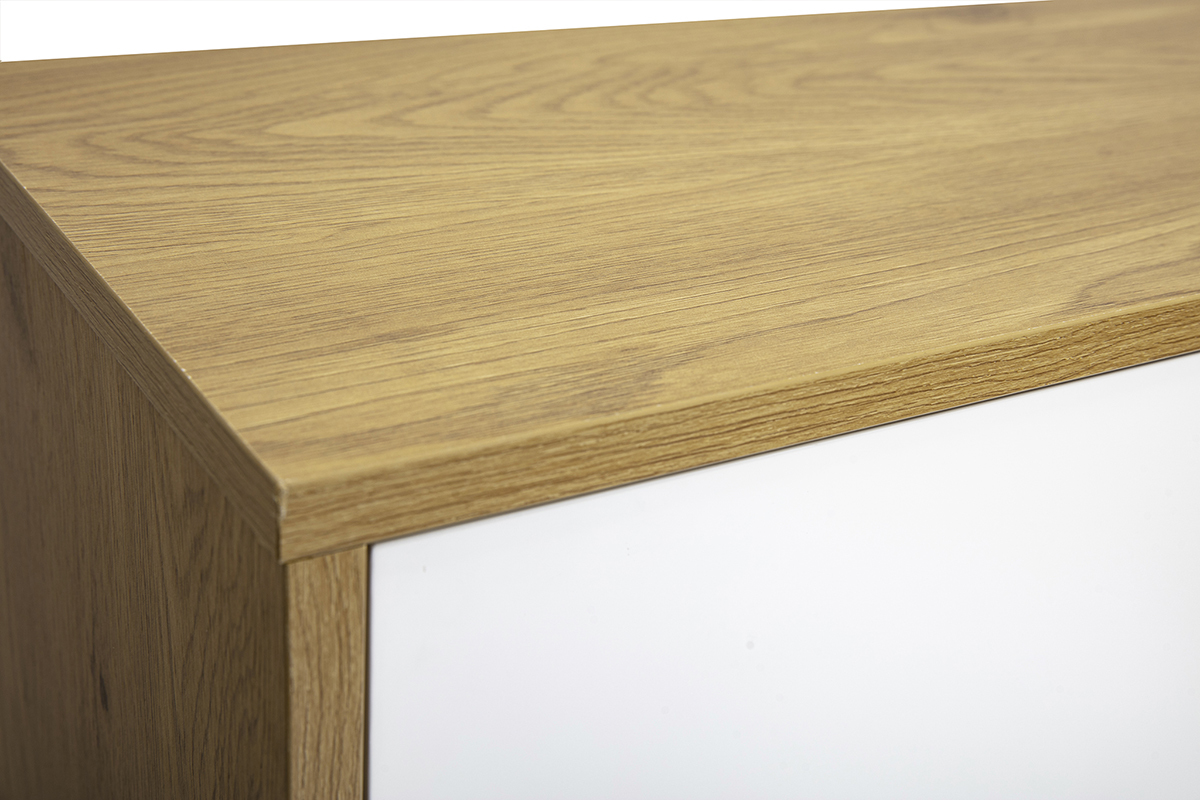 Vue rapproch�e du dessus du meuble TV FLEXO avec finition bois clair ch�ne et blanc.
