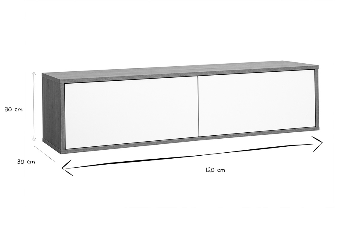 Dimensions du meuble TV FLEXO : L120 cm, P30 cm, H30 cm en noir et blanc.