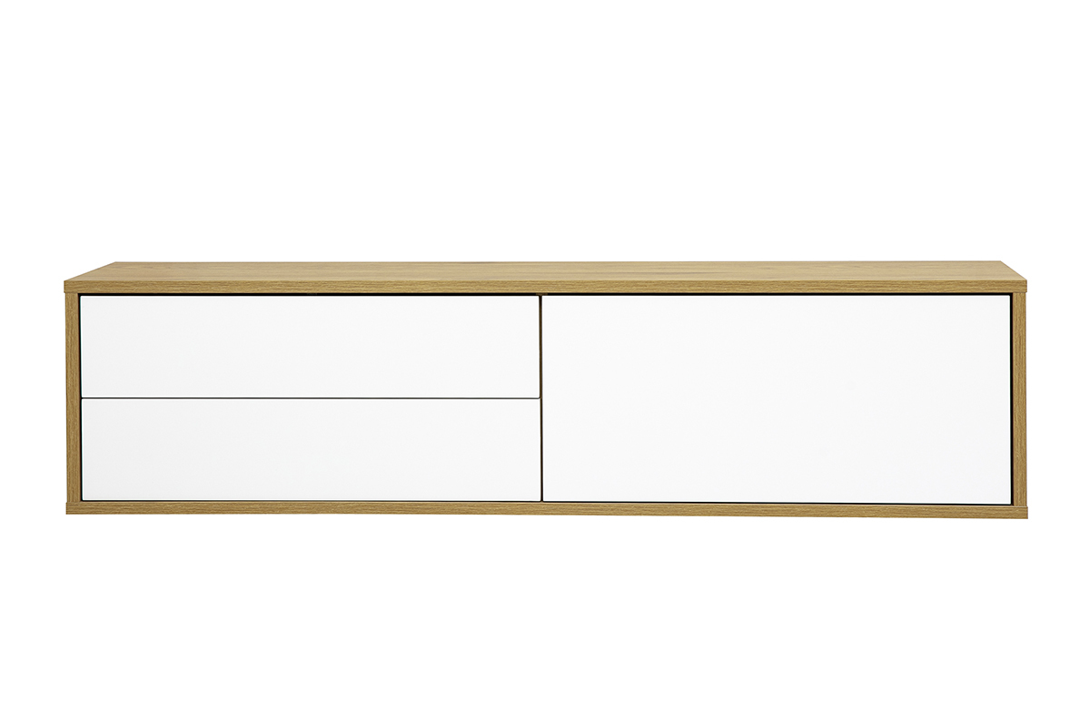 Meuble TV mural blanc et bois clair ch�ne, vue de face, avec deux tiroirs et une niche.