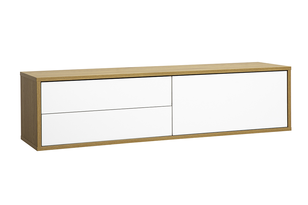 Meuble TV mural blanc et ch�ne clair, vue de 3/4, avec deux tiroirs et une niche.