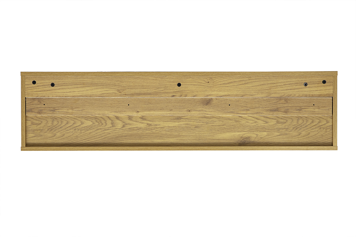 Meuble TV mural blanc et bois clair ch�ne, vue de dos, avec deux tiroirs.