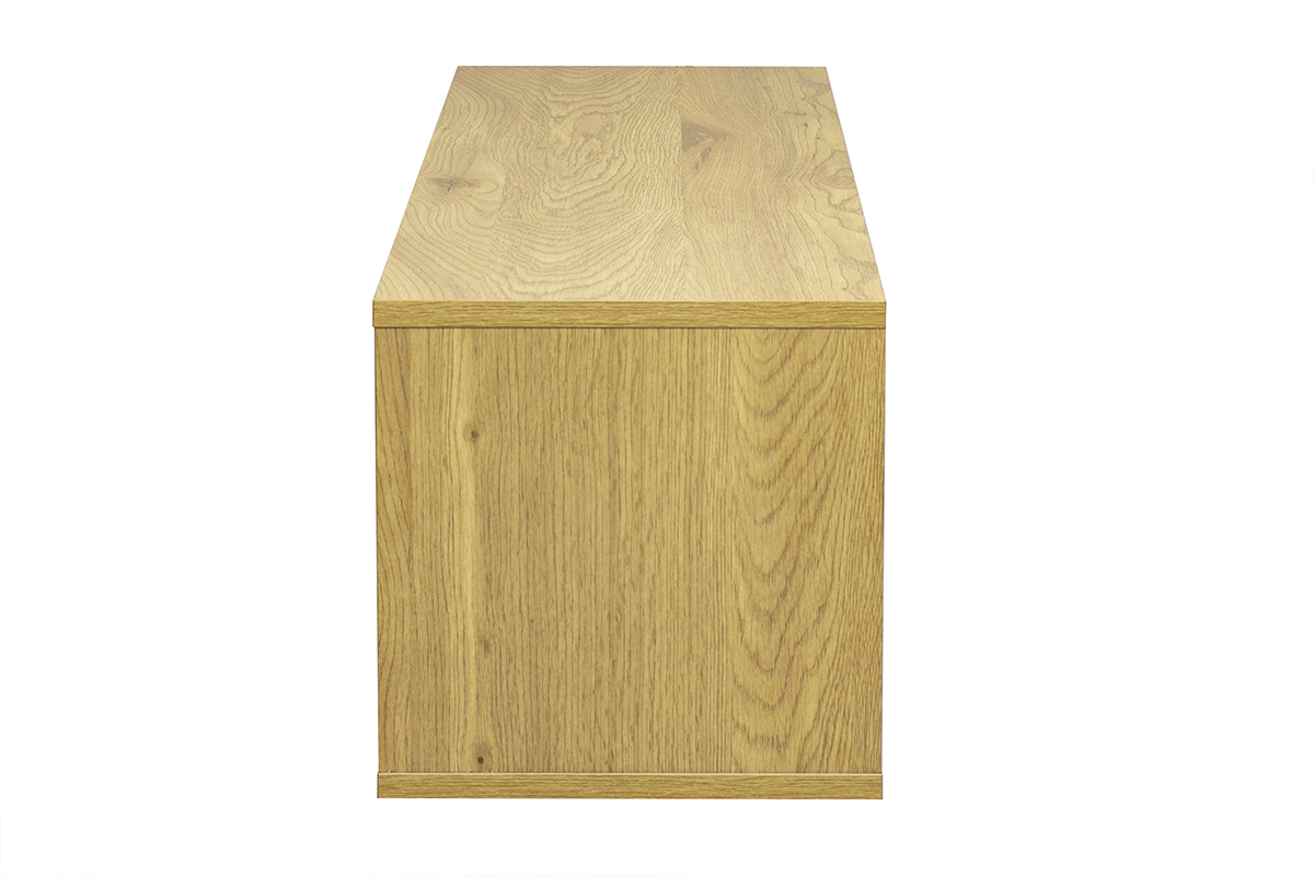 Meuble TV mural en bois clair ch�ne, vue de profil, finition blanche et bois.