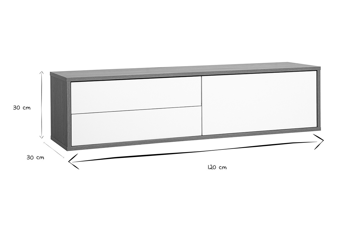 Dimensions du meuble TV mural FLEXO : L120 cm, H30 cm, P30 cm en noir et blanc.
