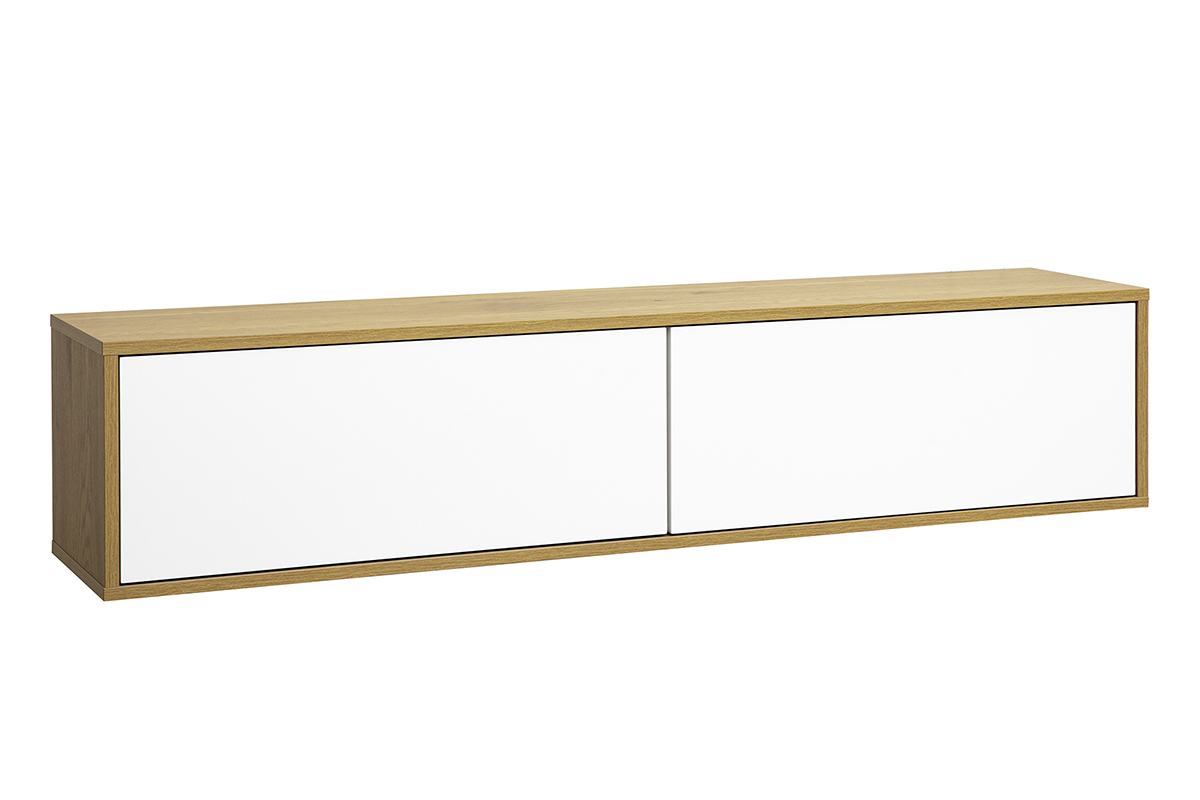 Meuble TV mural FLEXO en finition blanche et bois de ch�ne, vue de 3/4.