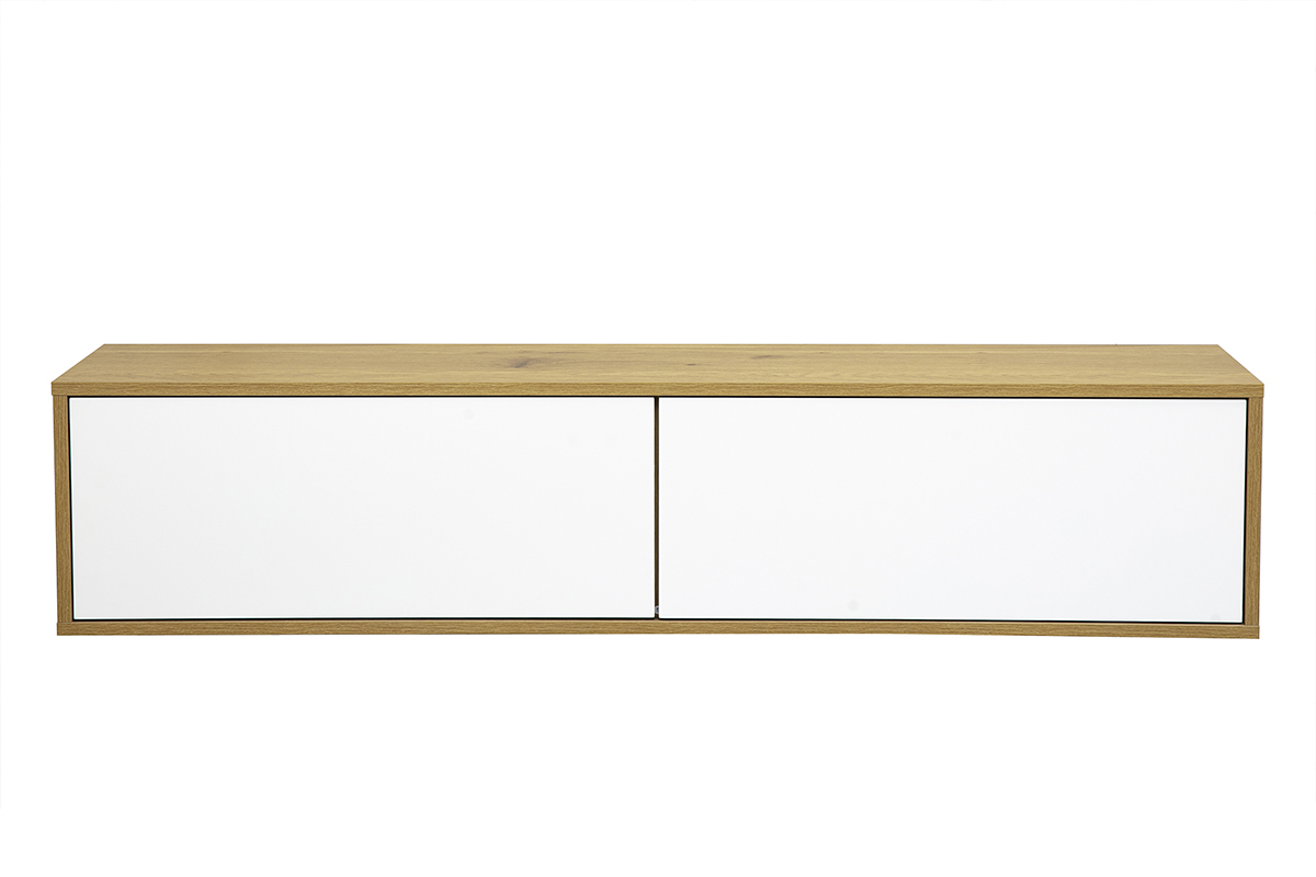 Meuble TV mural finition blanche et bois clair ch�ne, vue de face.