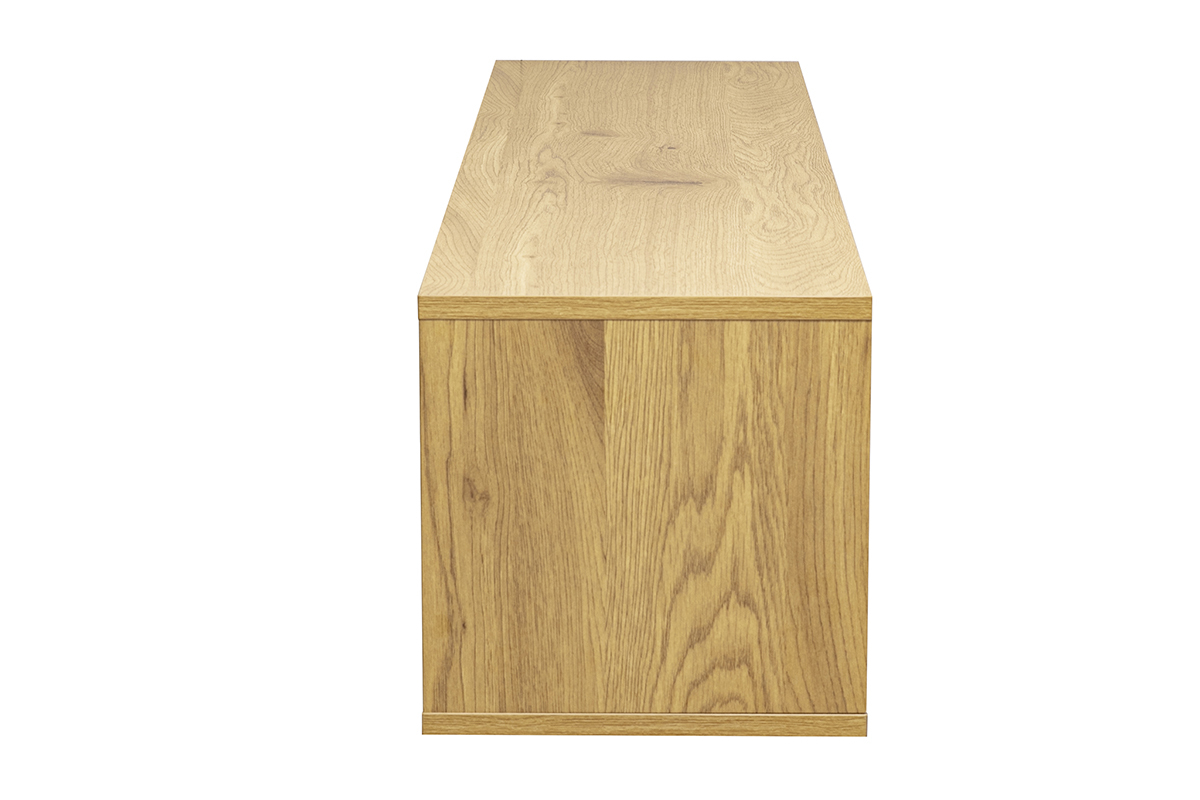 Meuble TV mural en bois clair ch�ne, finition blanche, vue de profil.