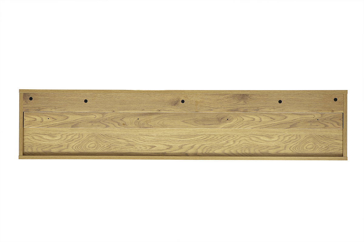Meuble TV mural en finition blanche et bois clair ch�ne, vue de dos, longueur 140 cm.