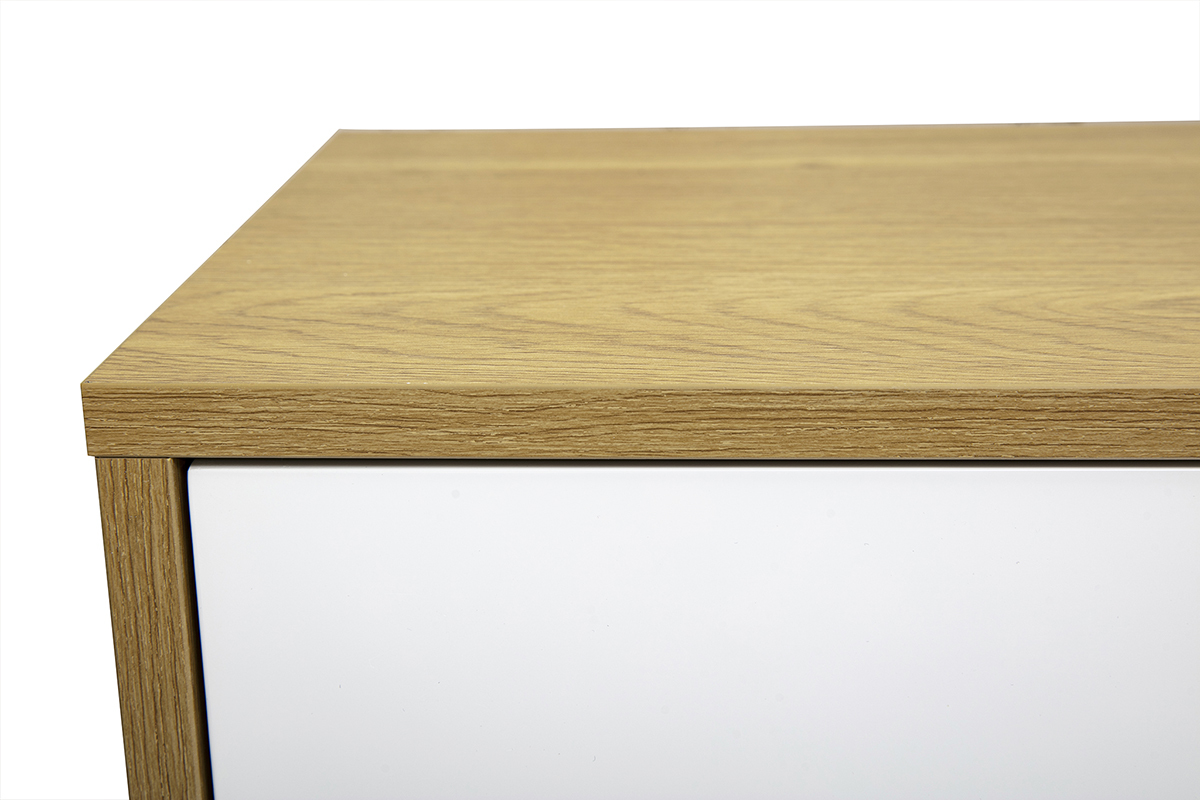 Vue de dessus du meuble TV mural FLEXO, finition blanche et bois clair de ch�ne.