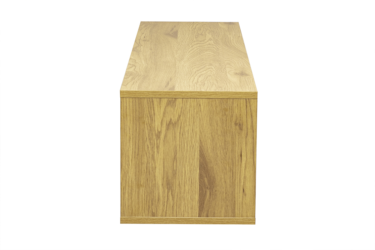 Meuble TV mural en bois clair ch�ne, vue de profil, dimensions L120 x P30 x H30 cm.