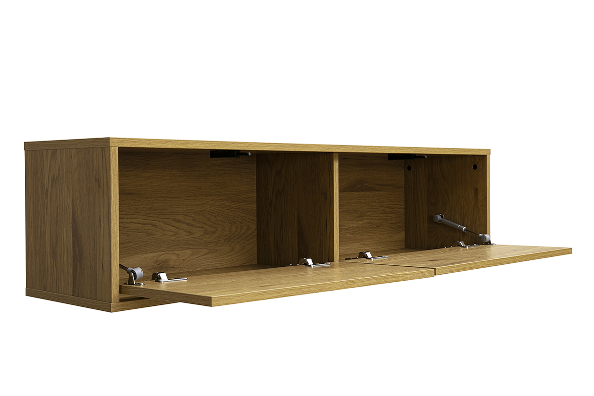 Meuble TV mural FLEXO en bois clair ch�ne, avec espaces de rangement et un tiroir ouvert, vue de 3/4.