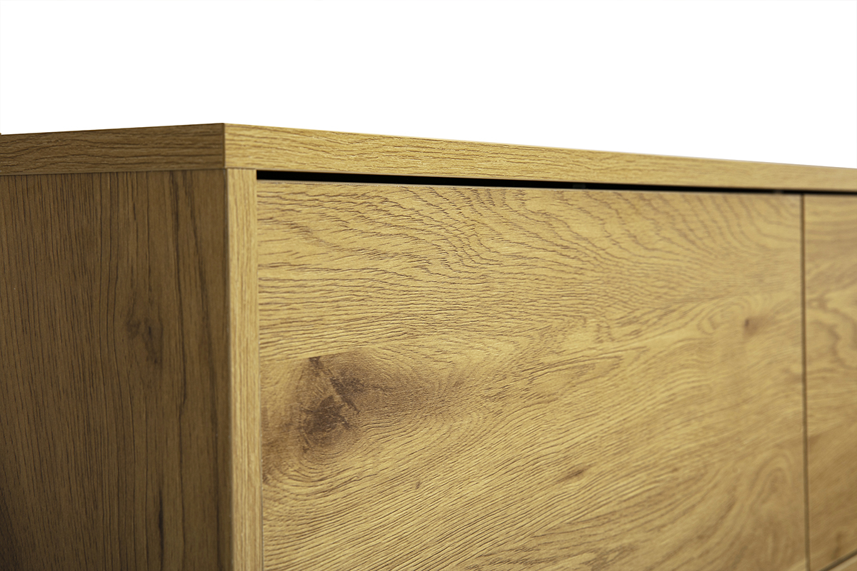 D�tail du meuble TV mural FLEXO finition bois clair ch�ne, vue rapproch�e