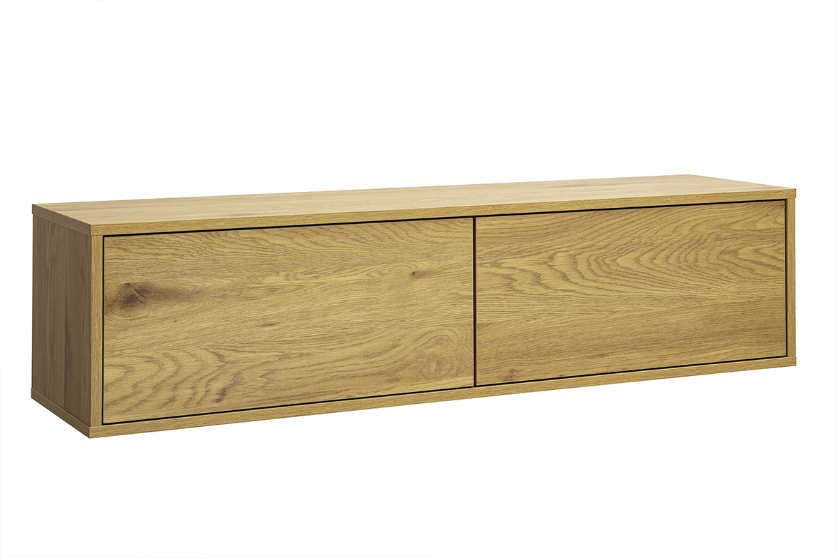 Meuble TV mural en bois clair ch�ne, vue de 3/4, L120 cm, design moderne et �pur�.