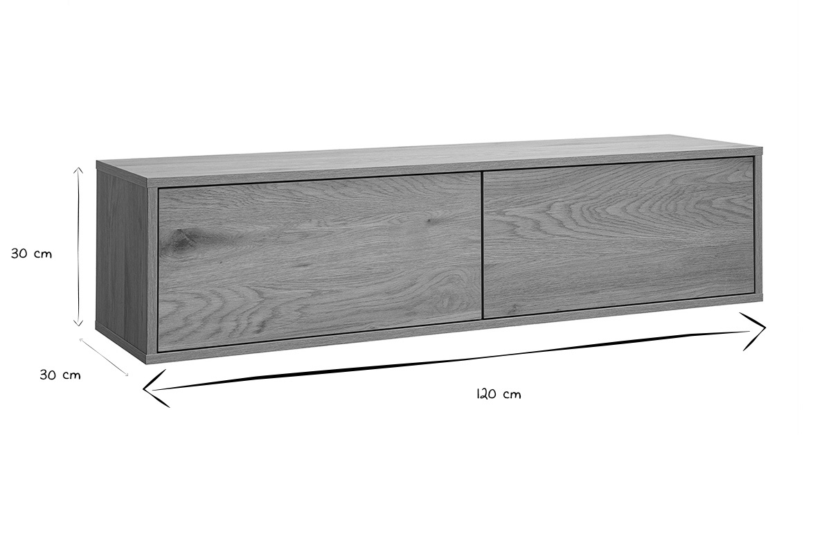 Dimensions du meuble TV mural FLEXO en noir et blanc, 120 cm de largeur, 30 cm de hauteur et profondeur.