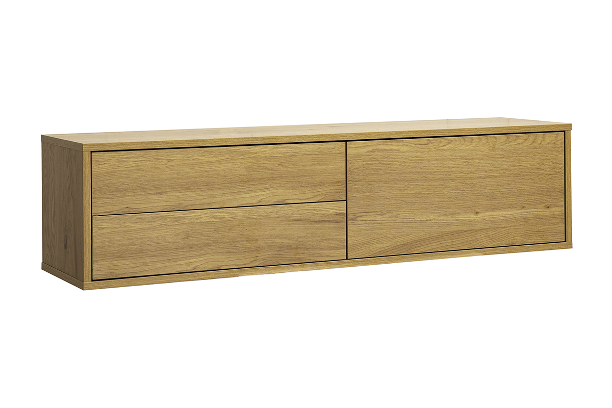Meuble TV mural en finition bois clair ch�ne, vue de 3/4, longueur 120 cm, avec tiroirs et niche.