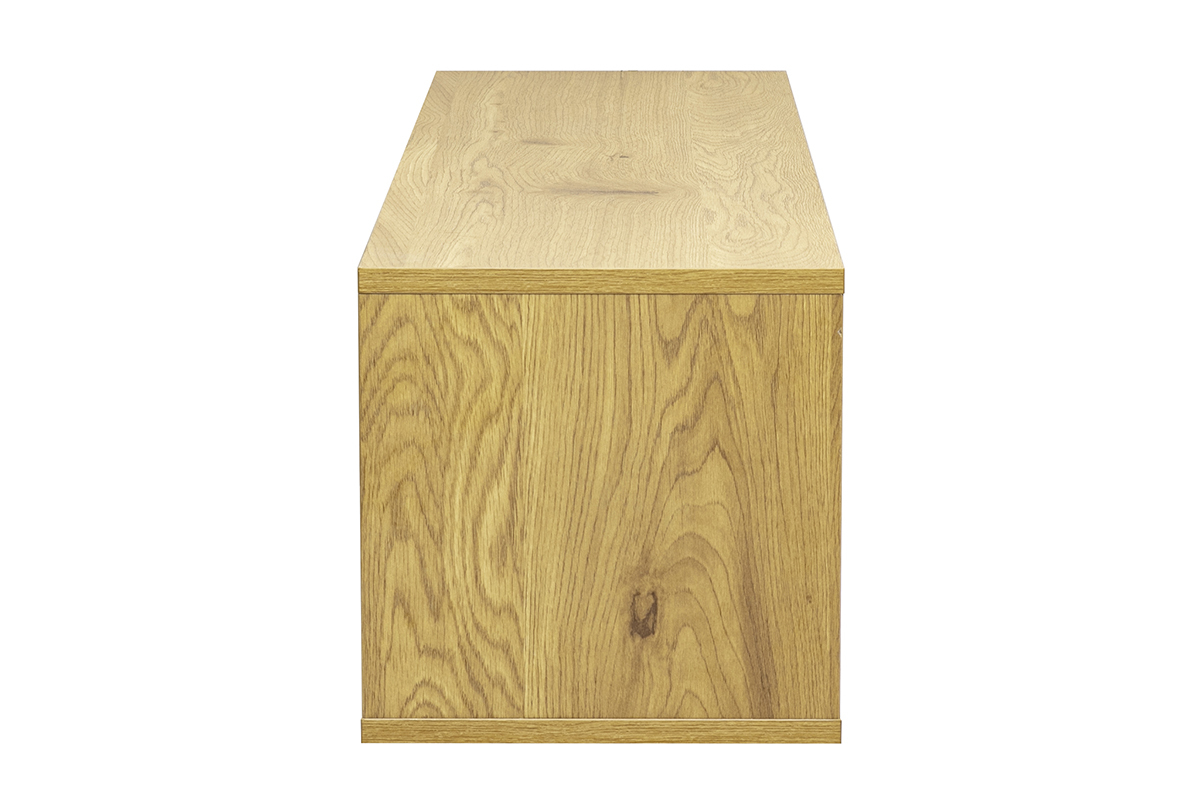 Meuble TV mural en bois clair ch�ne, vue de profil, long L120 cm.