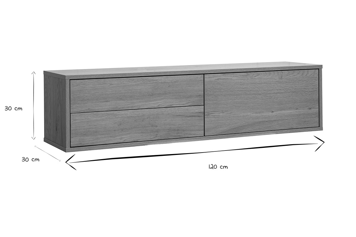 Dimensions du meuble TV mural en noir et blanc : 120 cm de long, 30 cm de haut, 30 cm de profondeur.
